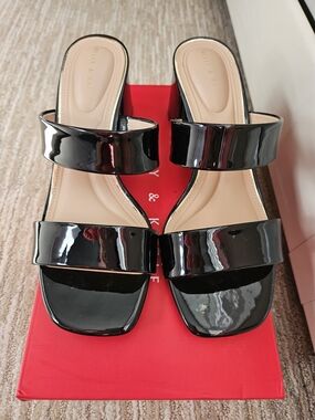 Kelly & Katie Black Patent Double-Strap Square-Toe Slide Mules